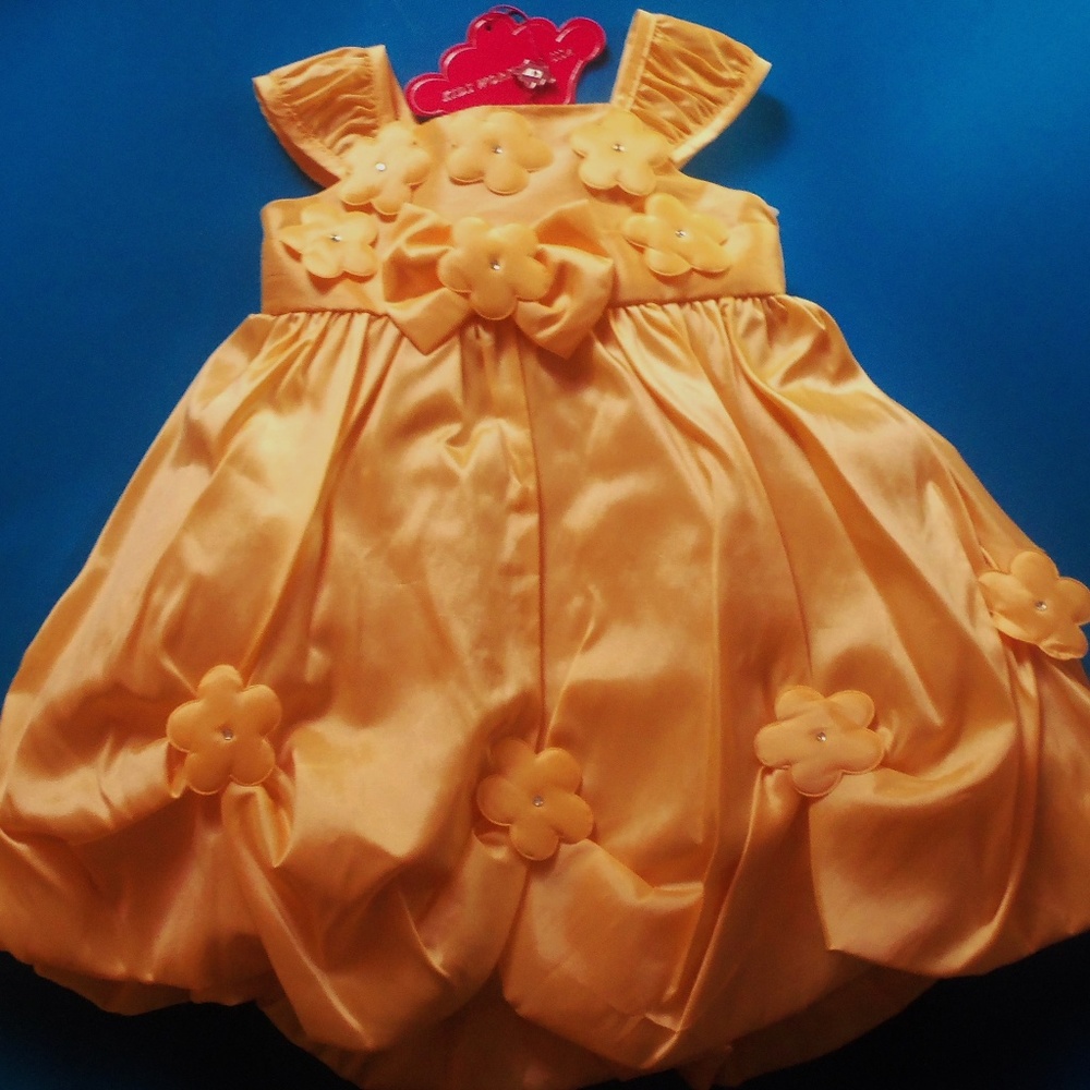 Toddler Girl Pretty Gold Puff 3D Flowers Dress